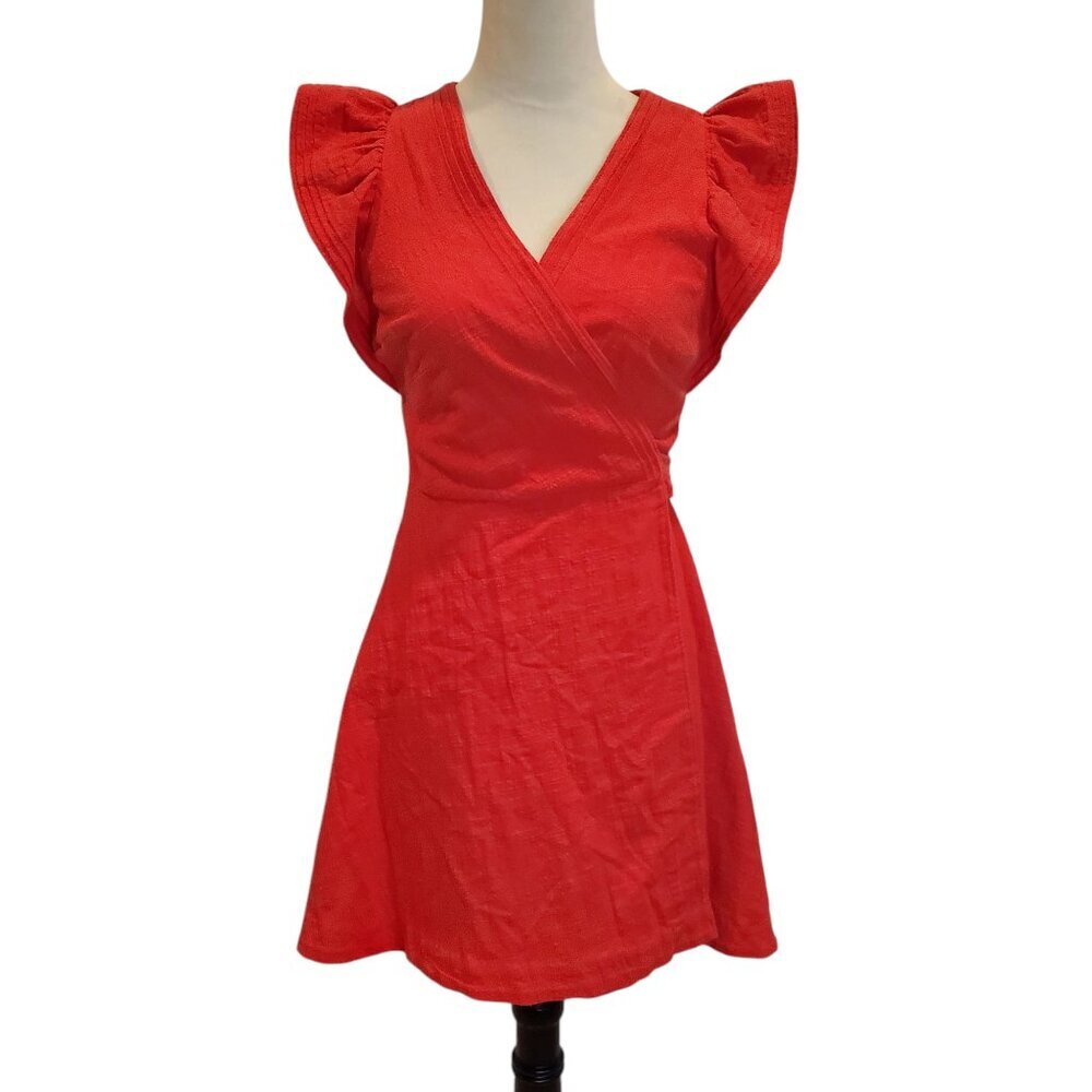 MADEWELL Red Mini Dress Ruffle-Sleeve Wrap 100% Cotton - Picture 5 of 14